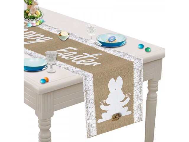 Easter Table Runner with 3D Bunny Rustic Burlap Happy Easter